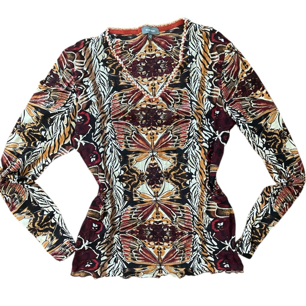 EUC MARC AUREL 90s BUTTERFLY PRINT MESH TOP SIZE 42
